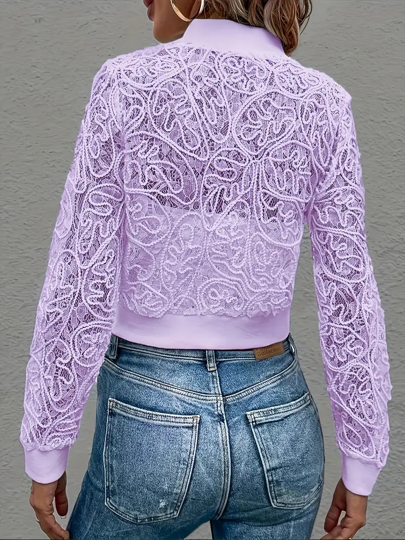 Crop Lace Bomber Jas Dames – Kanten Borduursel, Licht & Trendy Cropped Jacket