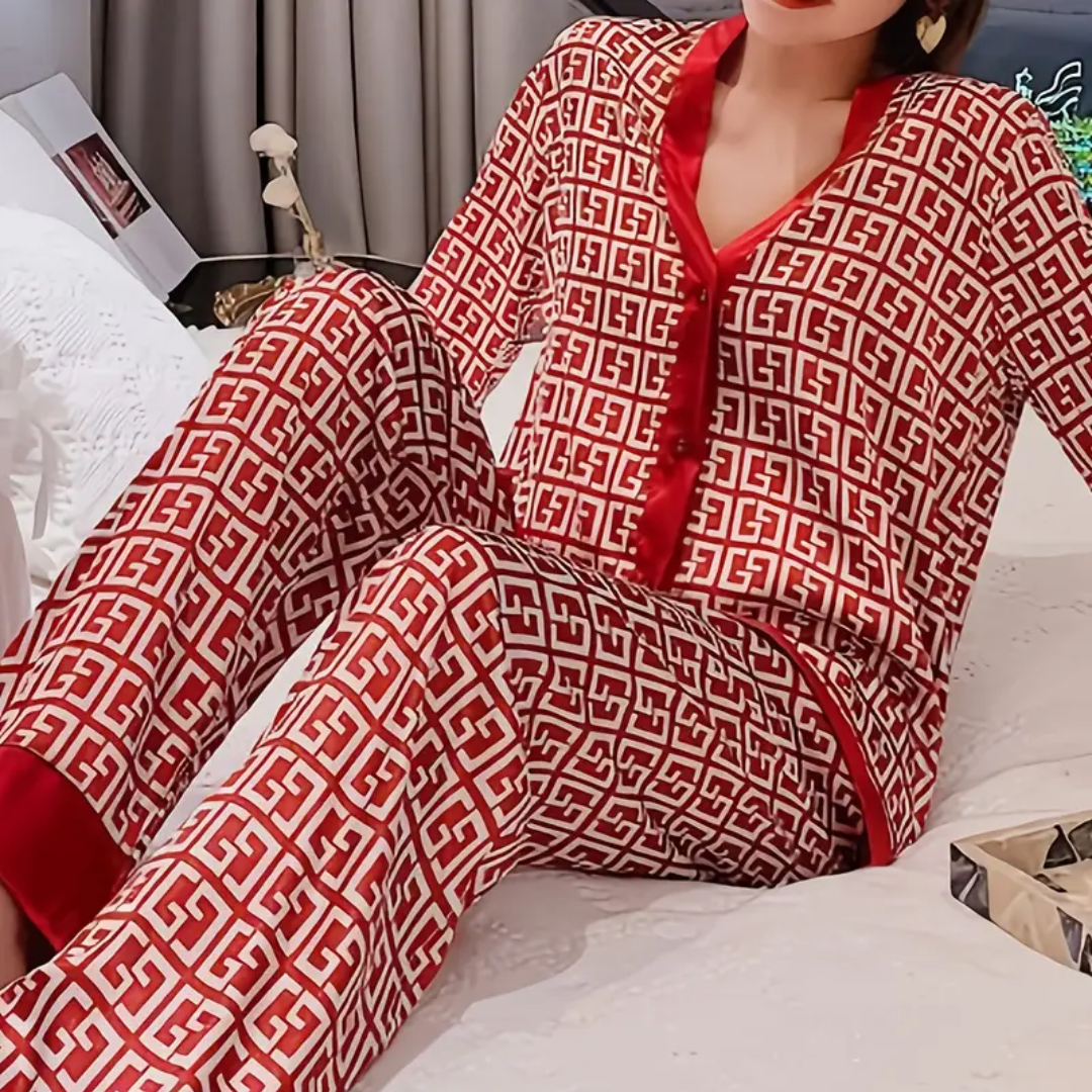 Dames IJszijde Pyjama Set – Satijnlook Loungewear met V-Hals Cardigan en Lange Mouwen – Lichtgewicht & Ademend