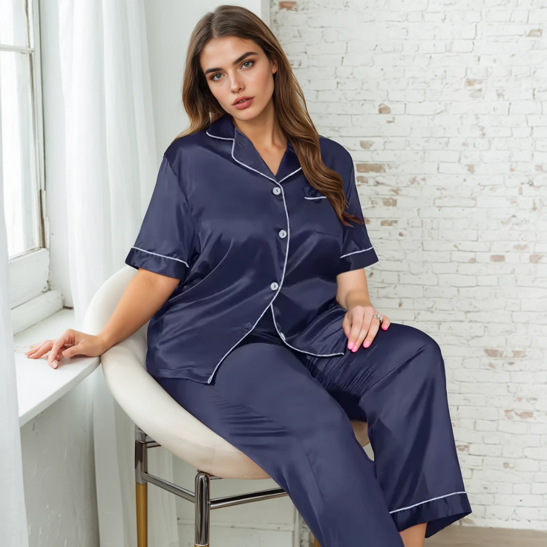Zijde Nachtkleding Set voor Dames in Grote Maten – Lichtgewicht Ademend Shirt en Lange Broek voor Comfortabel Zomers Thuisloungen