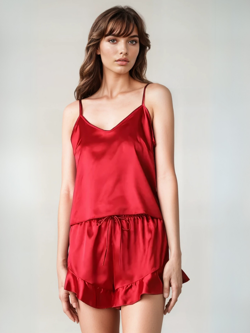 Dames Zijdezachte Pyjamaset – V-Hals Camisole & Shorts van Imitatiezijde voor Loungewear