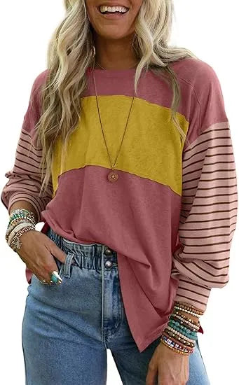 Oversized Colorblock Tuniek met Lange Mouwen – Casual Top met Gestreepte Mouwen