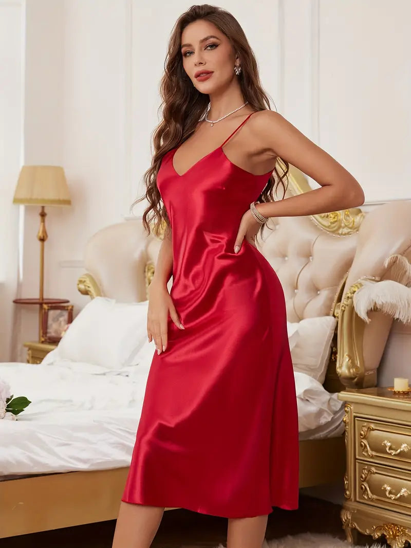 Elegante V-Hals Slipjurk – Tijdloze Satijnen Stijl voor Avond & Speciale Gelegenheden