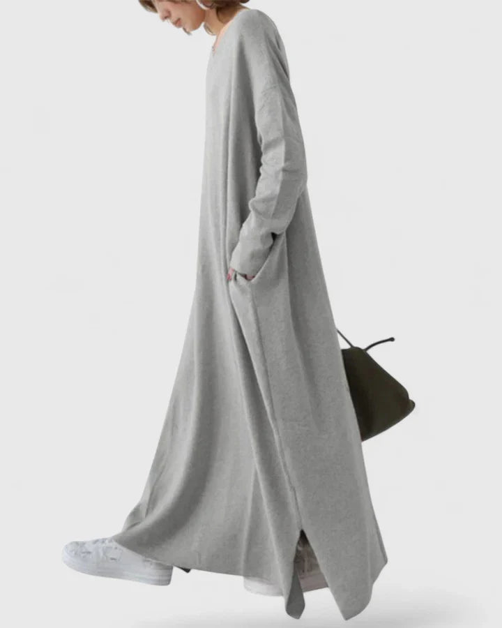 Comfortabele Lange Mouwen V-Hals Jurk – Luchtig, Minimalistisch & Elegante Dagelijkse Stijl