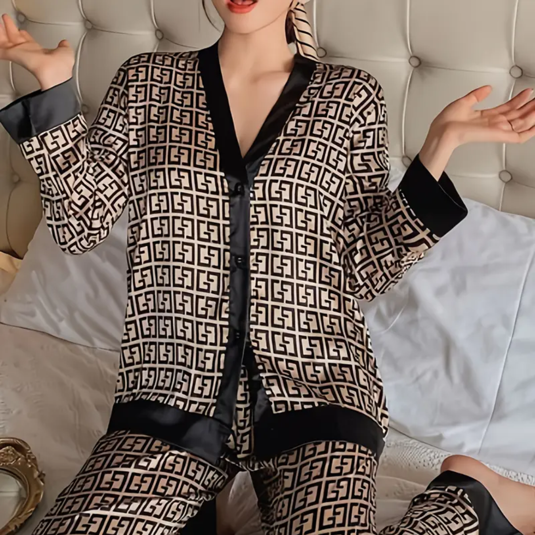 Dames IJszijde Pyjama Set – Satijnlook Loungewear met V-Hals Cardigan en Lange Mouwen – Lichtgewicht & Ademend