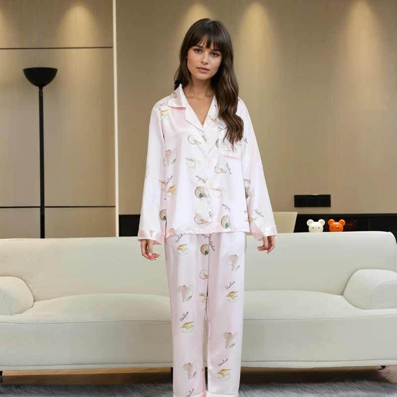 Dames IJszijde Pyjama Set – Zomer Loungewear met Lange Mouwen en Broek in Imitatiezijde
