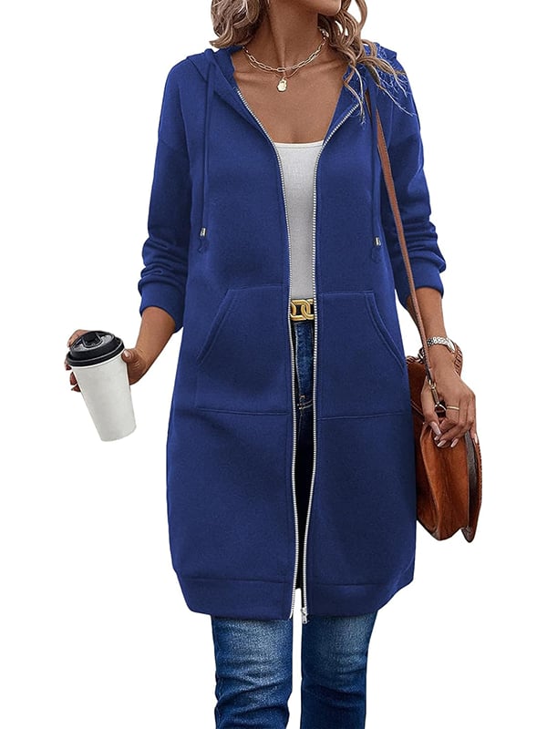 Knielange Dames Fleece Hoodie met Rits – Comfortabele Lange Sweatshirt met Zakken