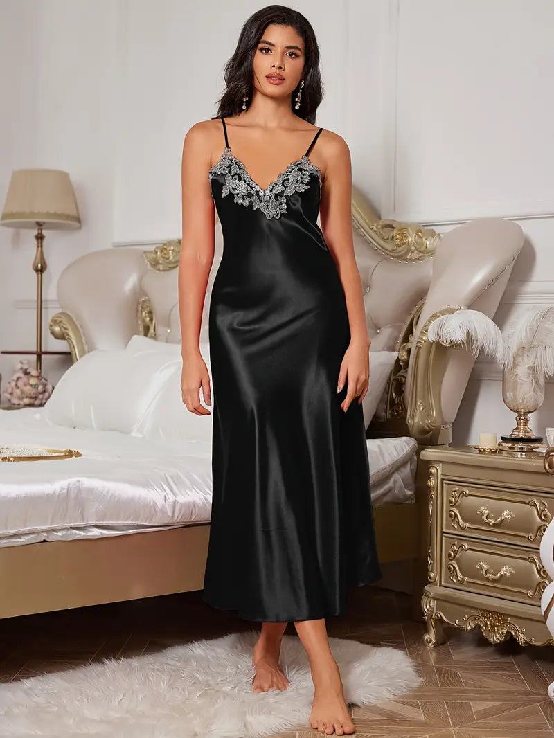 Arabella Elegant Faux Silky Maxi Nightgown with Lace Detailing