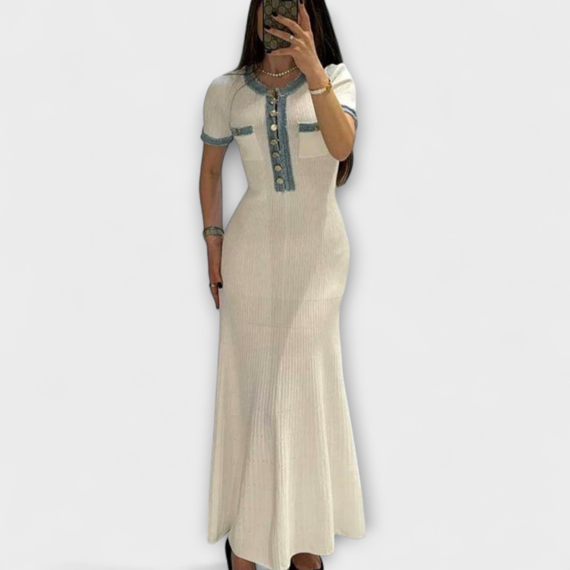 Elegante Maxi Jurk met Korte Mouwen, Knopen Voorzijde & Denim Afwerking | Stijlvolle Zomeroutfit voor Dames