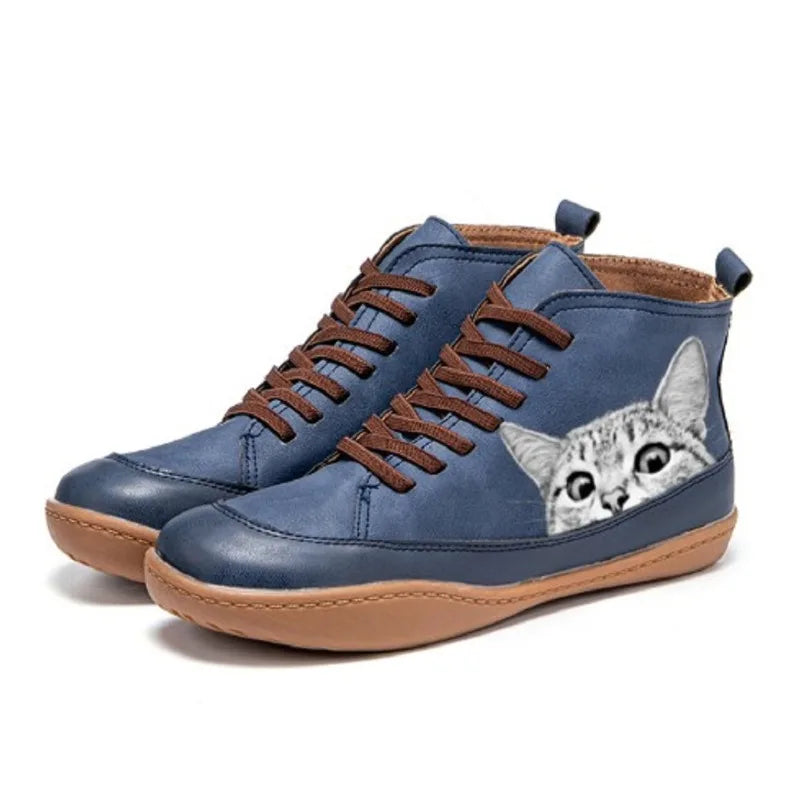 Leren Stiefeletten voor Kattenliefhebbers Dames – Warm, Comfortabel & Uniek Design