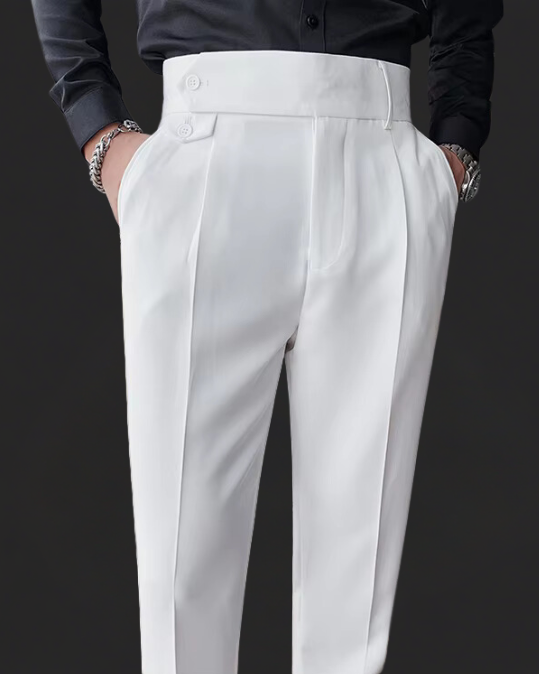 Heren Hoge Taille Geplooide Twill Broek – Lichte Stretch Gurkha Stijl Pantalon voor Lente & Zomer