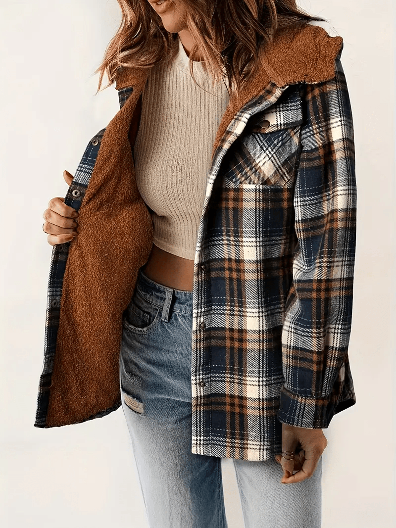 Warme Flanellen Ruiten Jas – Zachte Sherpa Gevoerde Hoodie voor Casual Koude Dagen