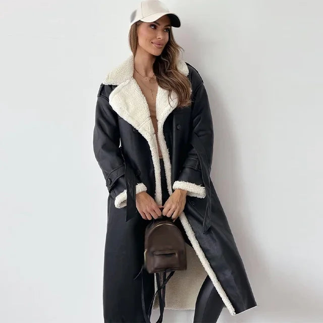 Dames Winterjas in Shearling Stijl – Gezellige Lange Jas voor Koud Weer