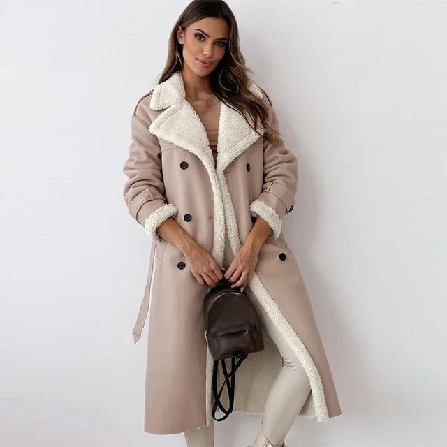 Dames Winterjas in Shearling Stijl – Gezellige Lange Jas voor Koud Weer
