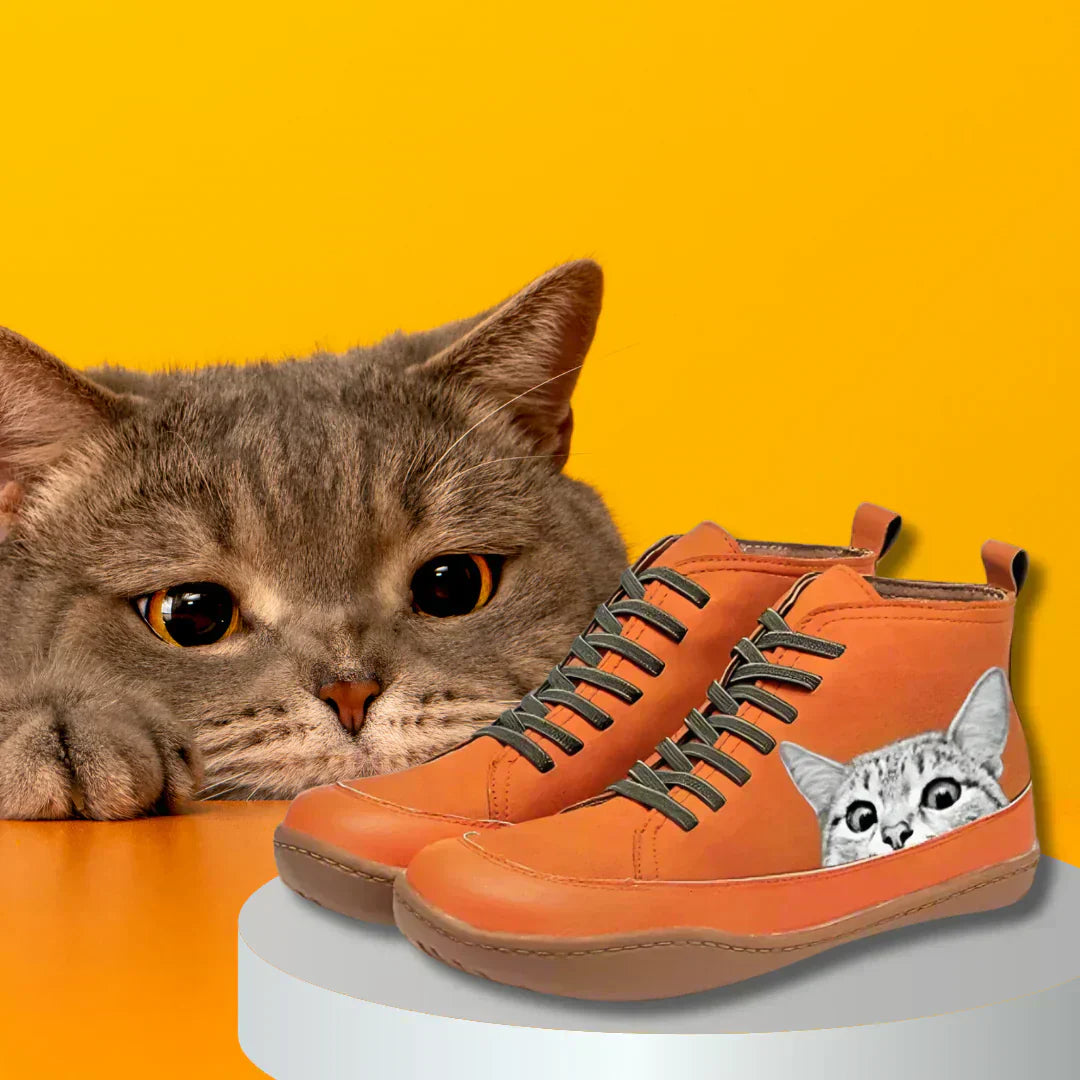 Leren Stiefeletten voor Kattenliefhebbers Dames – Warm, Comfortabel & Uniek Design