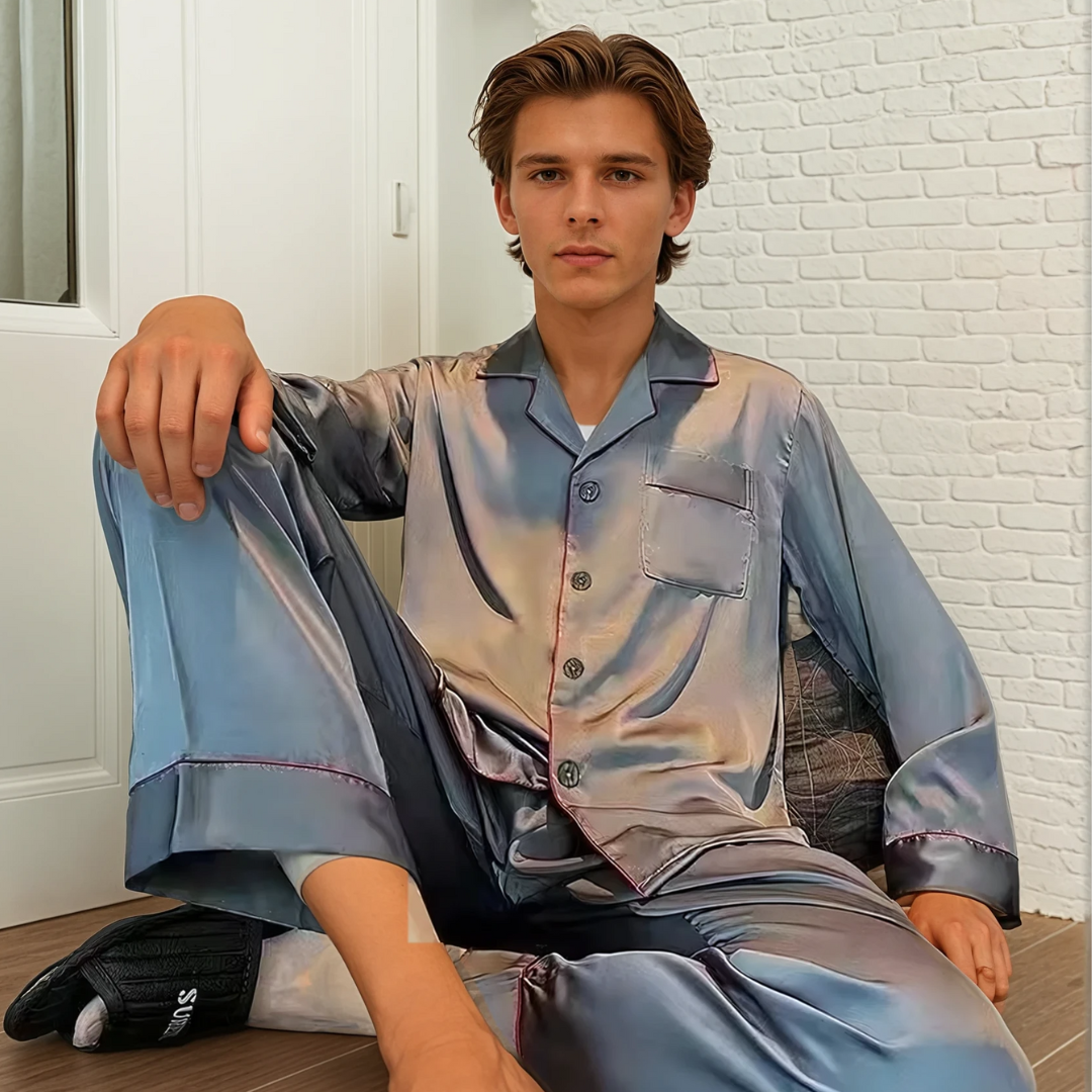 Heren Ice Silk Pyjama Set – Satijnen Loungepak met Lange Mouwen en Broek voor Lente, Herfst en Zomer