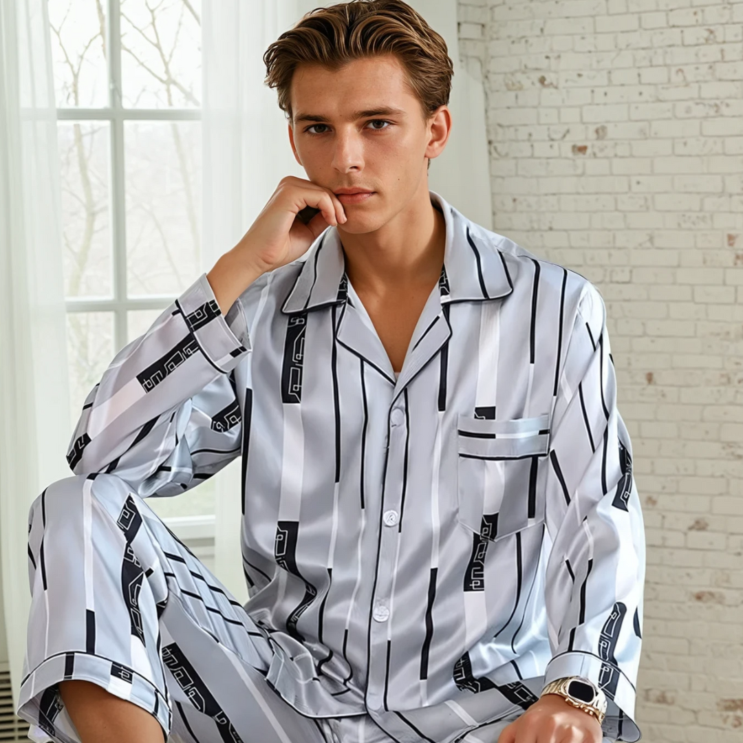 Heren Ice Silk Pyjama Set – Satijnen Loungepak met Lange Mouwen en Broek voor Lente, Herfst en Zomer