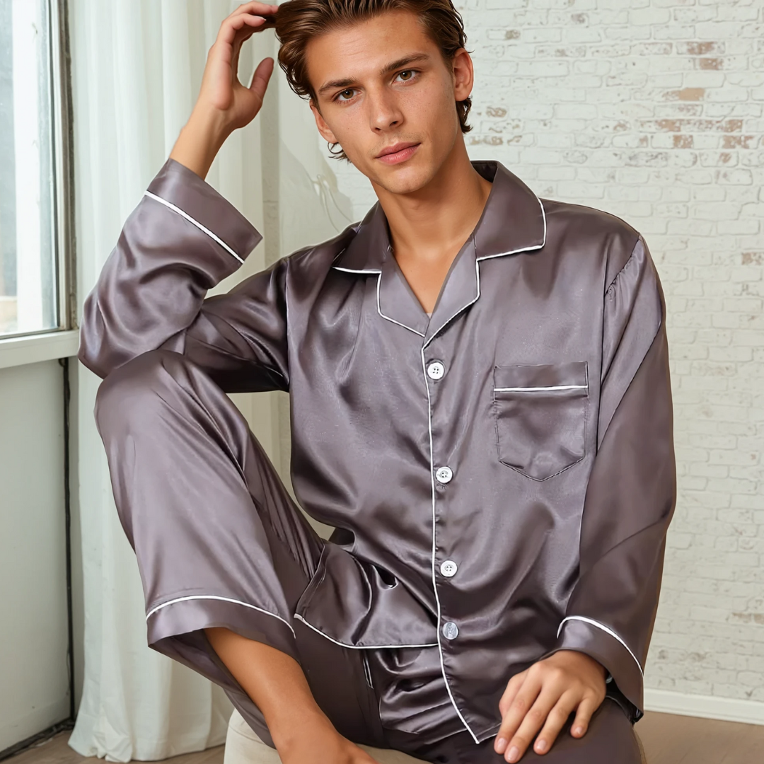 Heren Ice Silk Pyjama Set – Satijnen Loungepak met Lange Mouwen en Broek voor Lente, Herfst en Zomer