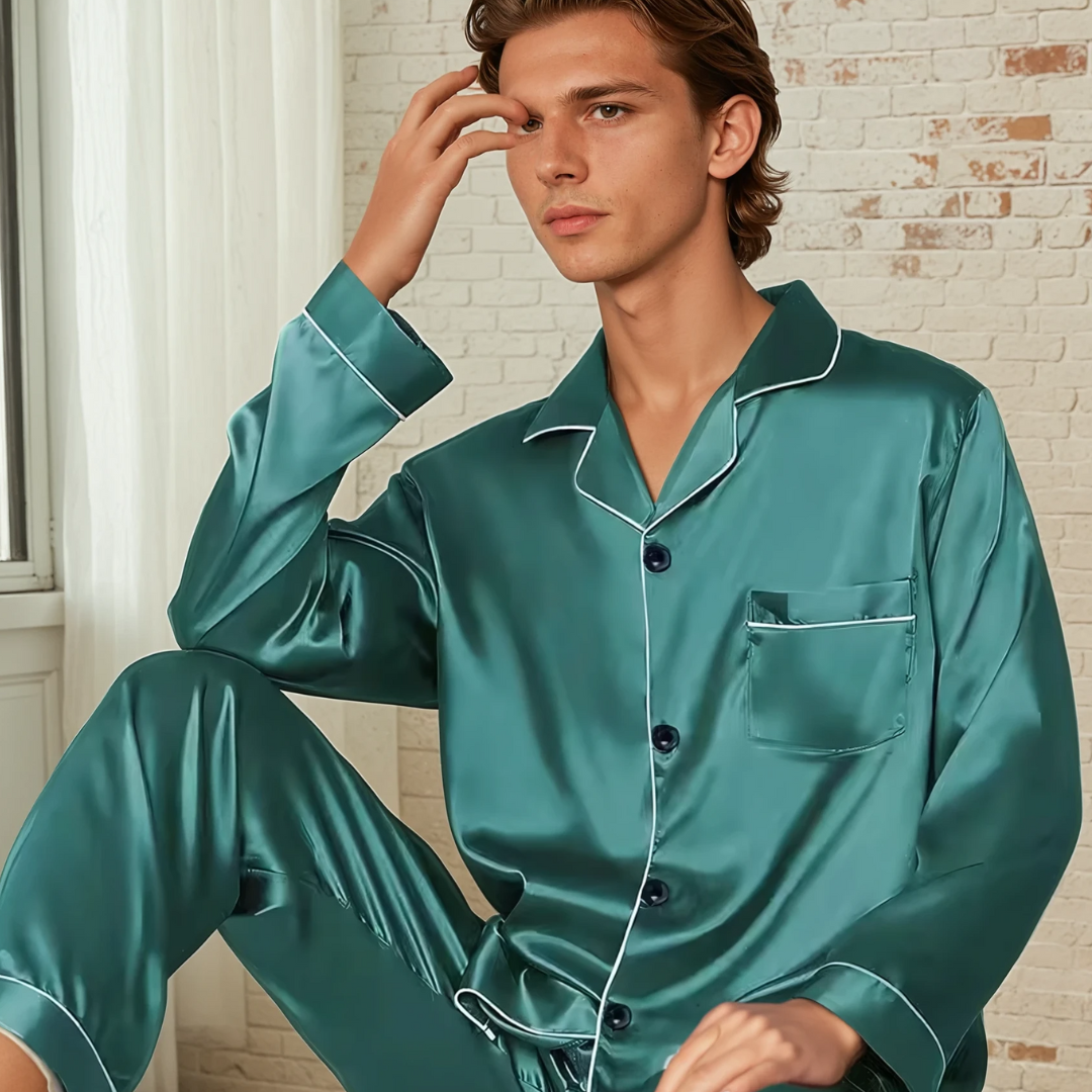 Heren Ice Silk Pyjama Set – Satijnen Loungepak met Lange Mouwen en Broek voor Lente, Herfst en Zomer