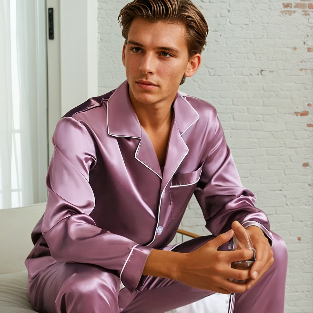 Heren Ice Silk Pyjama Set – Satijnen Loungepak met Lange Mouwen en Broek voor Lente, Herfst en Zomer