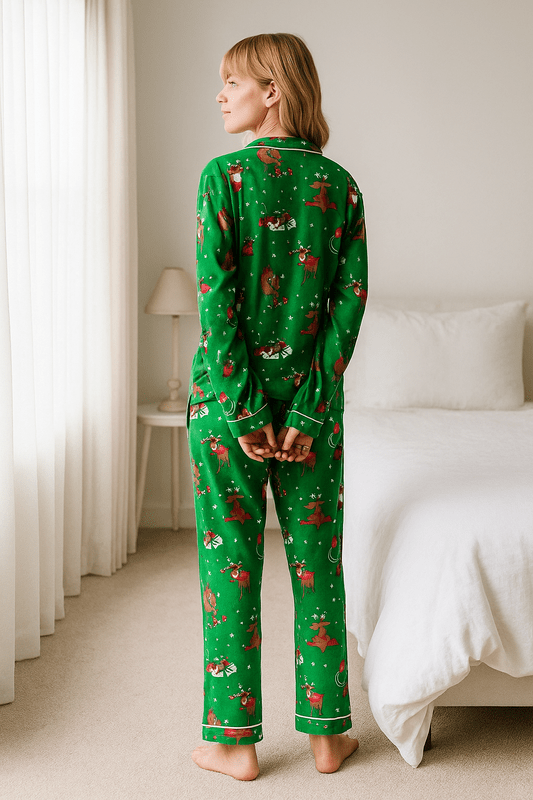 Dames Kerstpyjama met Kraag van Zachte Katoenmix – Comfortabele Nachtkleding Dames voor Feestelijke Avonden 2
