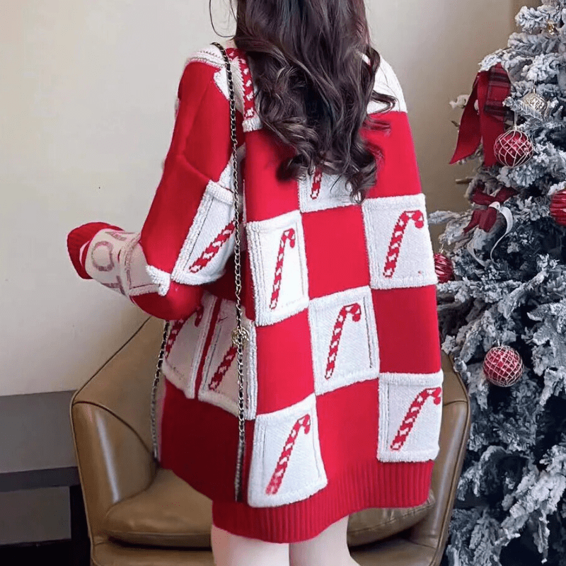 Dames Kersttrui met Ruitpatroon en Snoepstokken – Feestelijke Rode Sweater voor de Winter 3