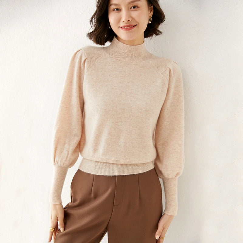 Damestrui met Ballonmouwen en Opstaande Kraag - Elegante en Comfortabele Dames Truien voor Kantoor en Casual Gebruik 5