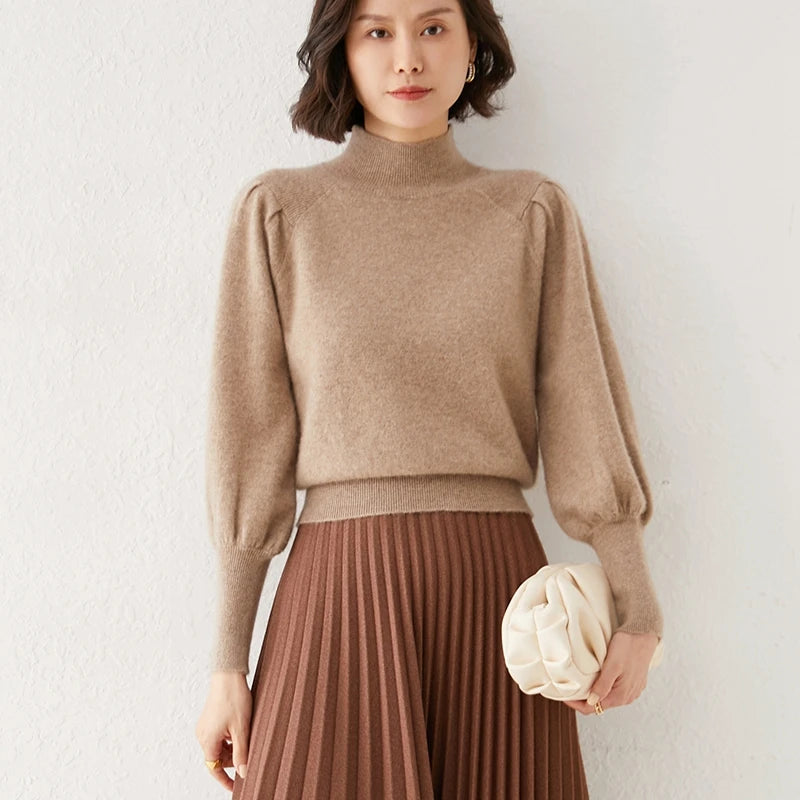 Damestrui met Ballonmouwen en Opstaande Kraag - Elegante en Comfortabele Dames Truien voor Kantoor en Casual Gebruik 6