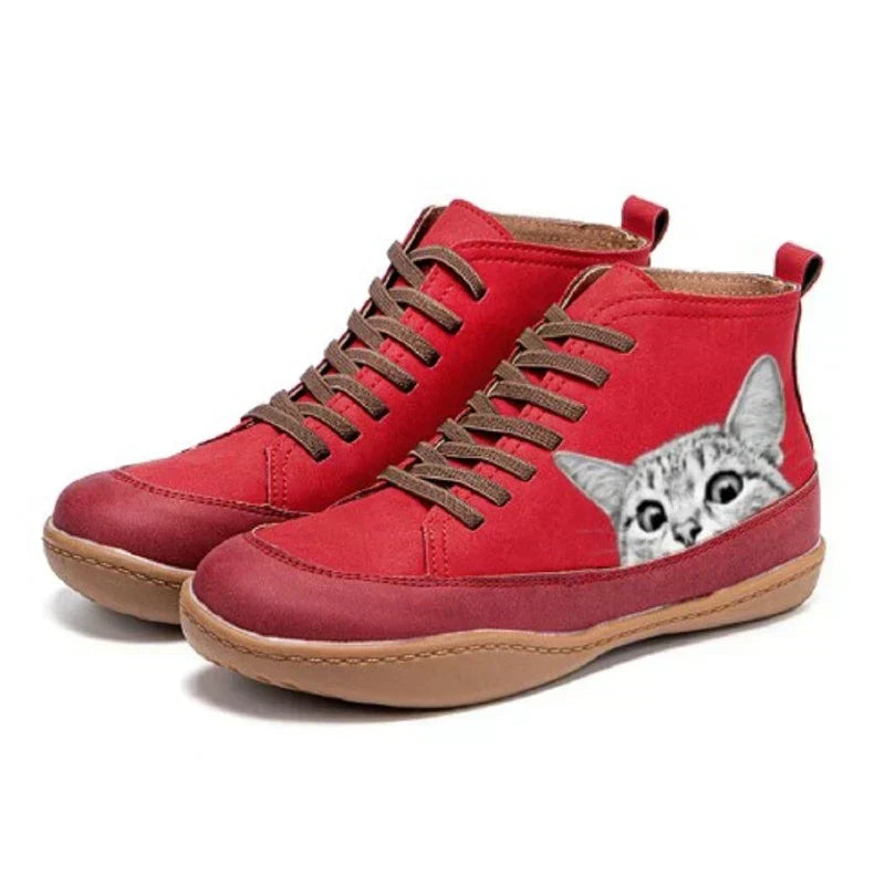 Leren Stiefeletten voor Kattenliefhebbers Dames – Warm, Comfortabel & Uniek Design