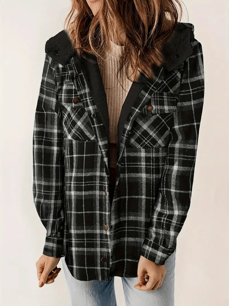 Warme Flanellen Ruiten Jas – Zachte Sherpa Gevoerde Hoodie voor Casual Koude Dagen