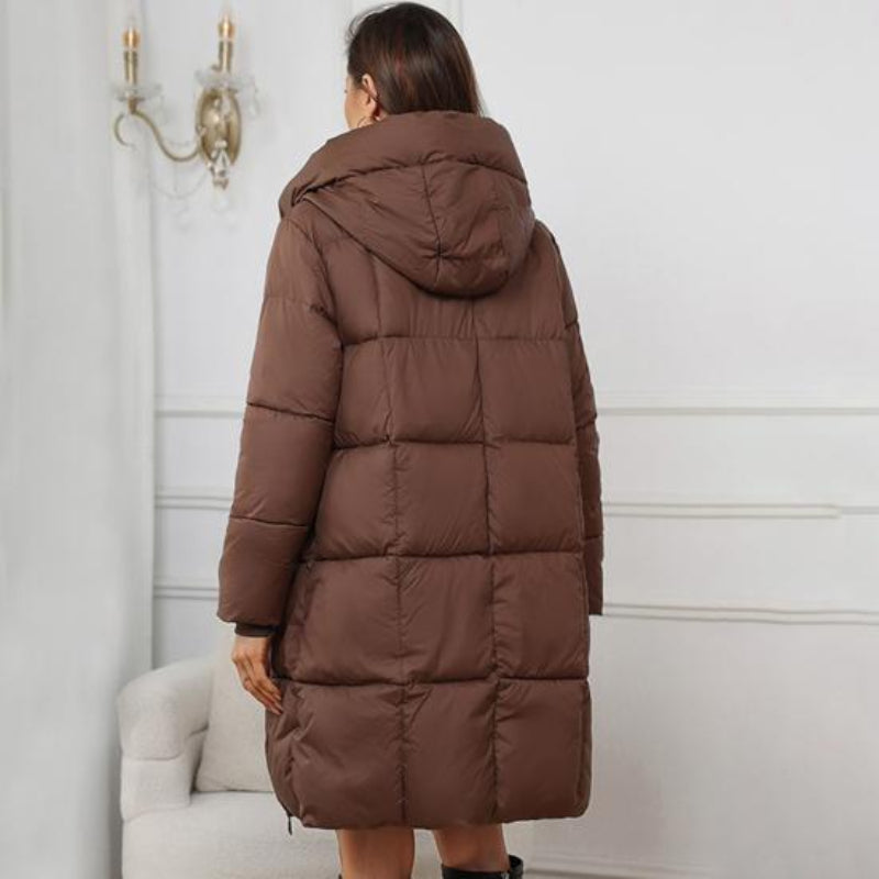Gewatteerde Lange Dames Jas met Capuchon en Praktische Zakken – Ideaal voor Herfst en Winter 7