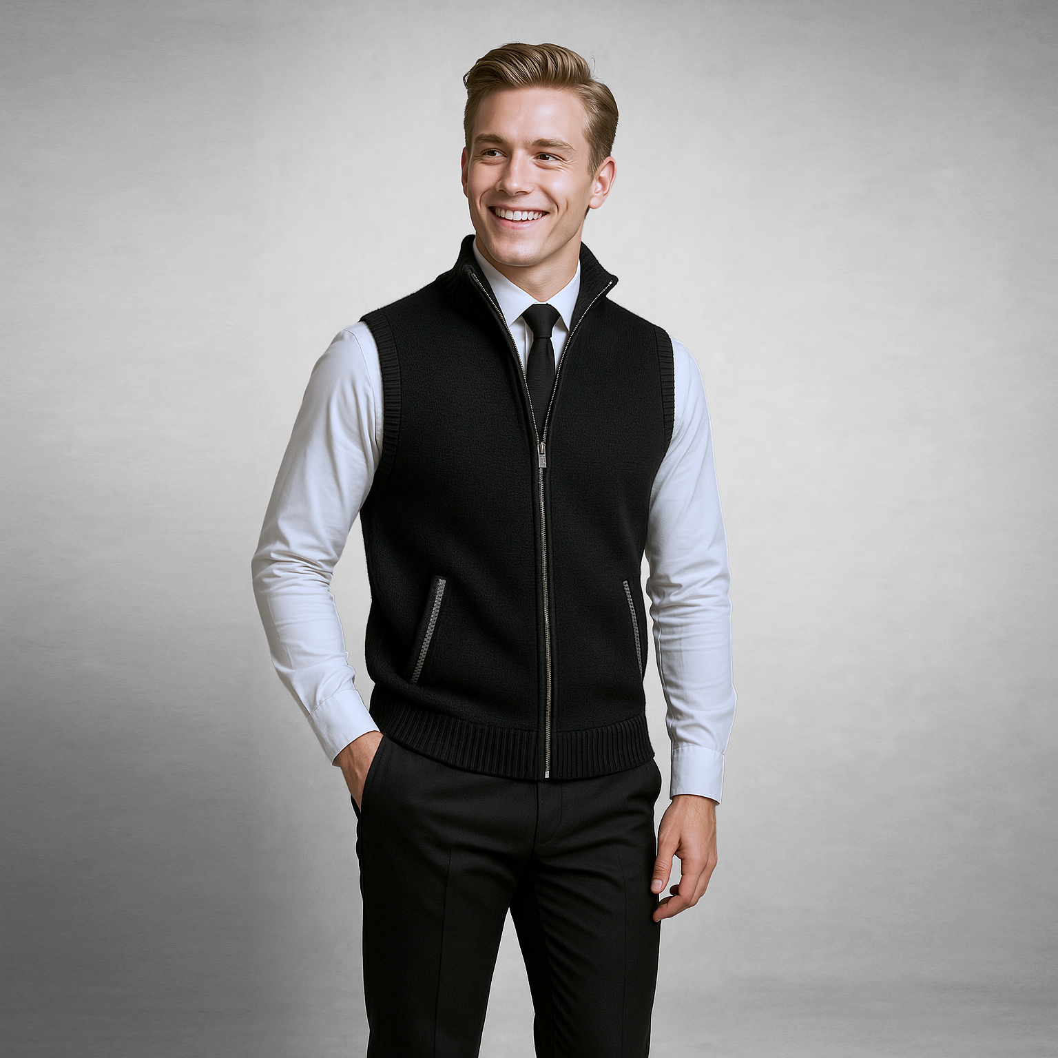 Heren Wollen Mix Gebreide Bodywarmer met Rits – Warme Laag met Kraag & Zakken