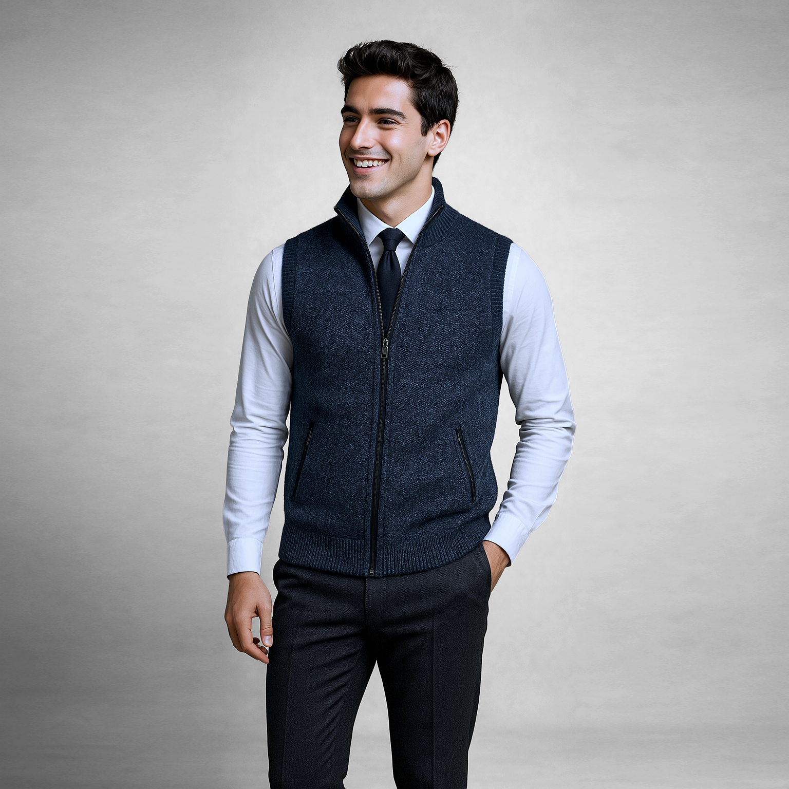 Heren Wollen Mix Gebreide Bodywarmer met Rits – Warme Laag met Kraag & Zakken