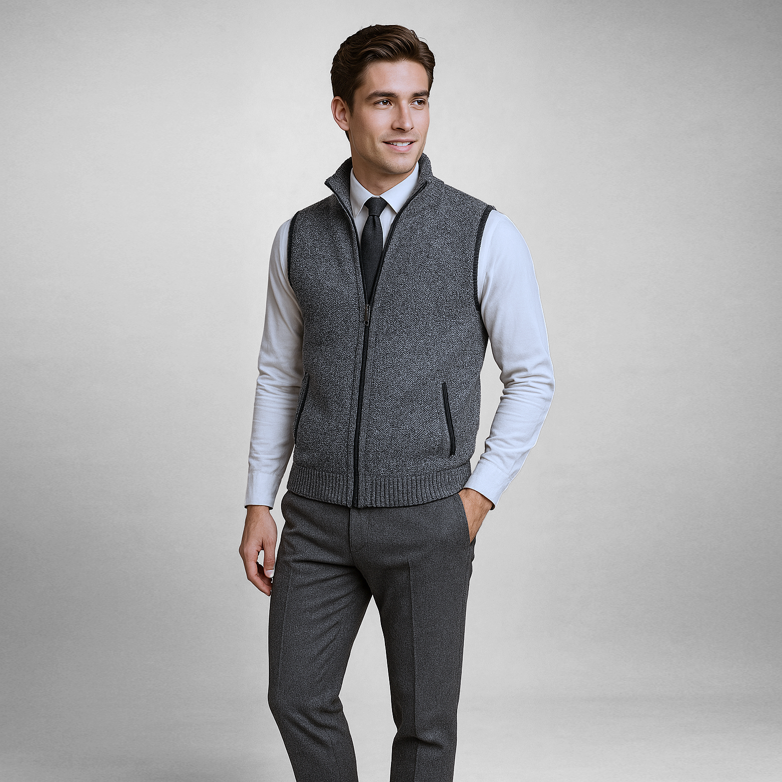 Heren Wollen Mix Gebreide Bodywarmer met Rits – Warme Laag met Kraag & Zakken