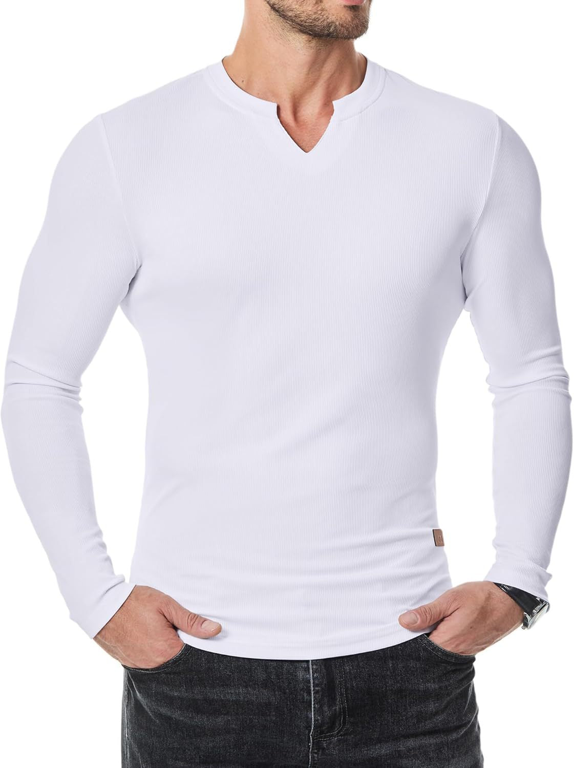 Heren Slim Fit Geribd Longsleeve Shirt – Casual Katoenen V-hals Top
