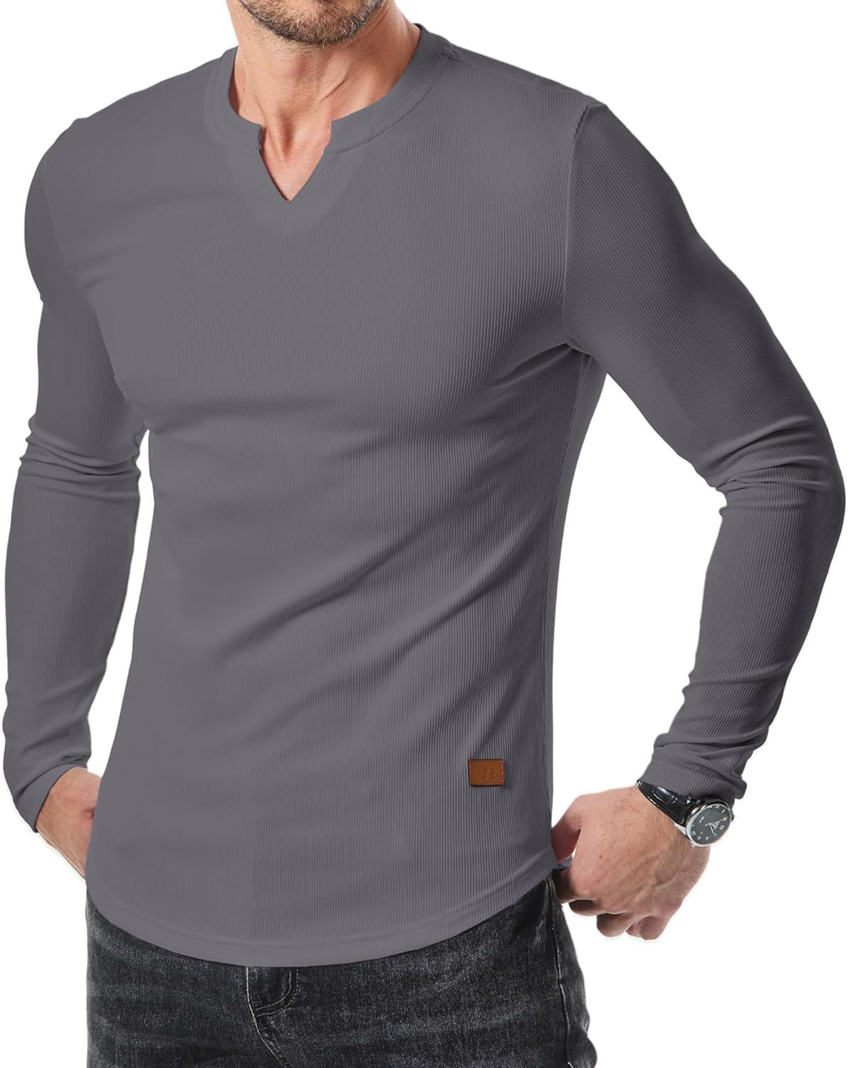 Heren Slim Fit Geribd Longsleeve Shirt – Casual Katoenen V-hals Top