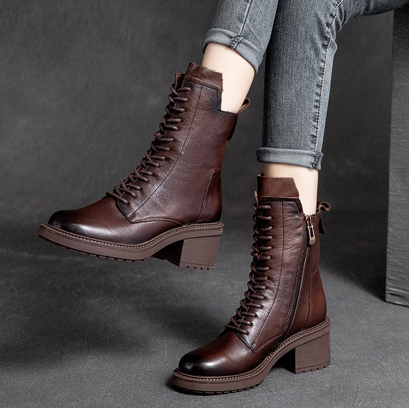 Retro Leren Rits Wedge Boots – Dames Laarzen met Hoge Hak & Comfortabele Pasvorm