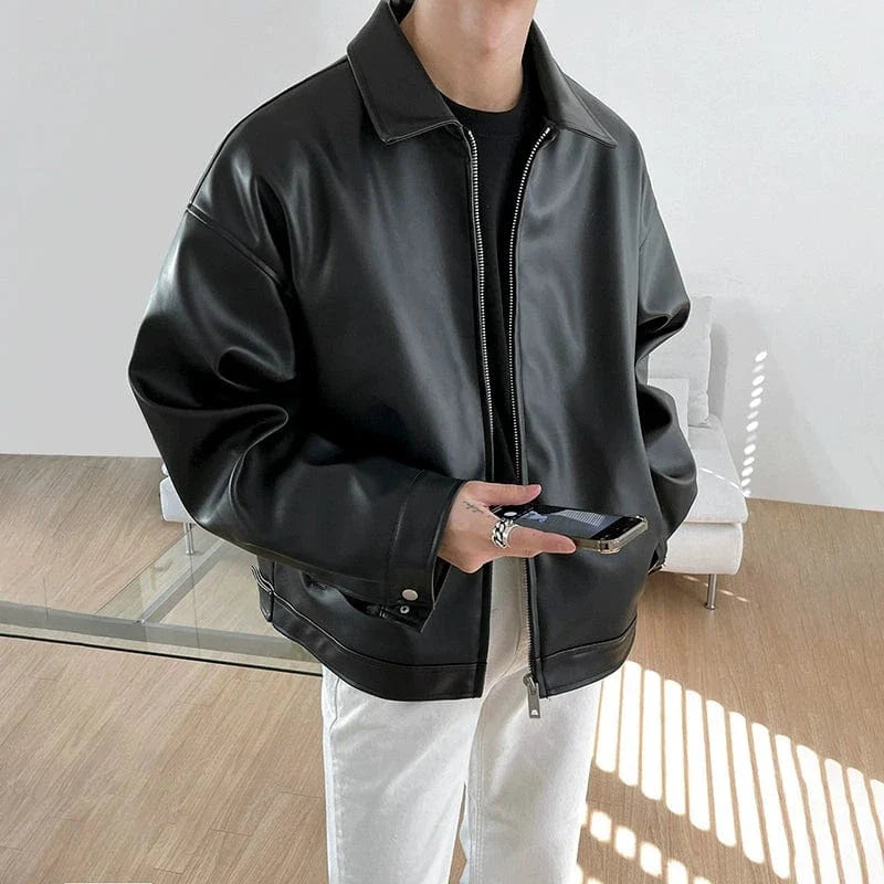 Black Leather Herenjas – Moderne PU Leren Jas met Rits en Kraag