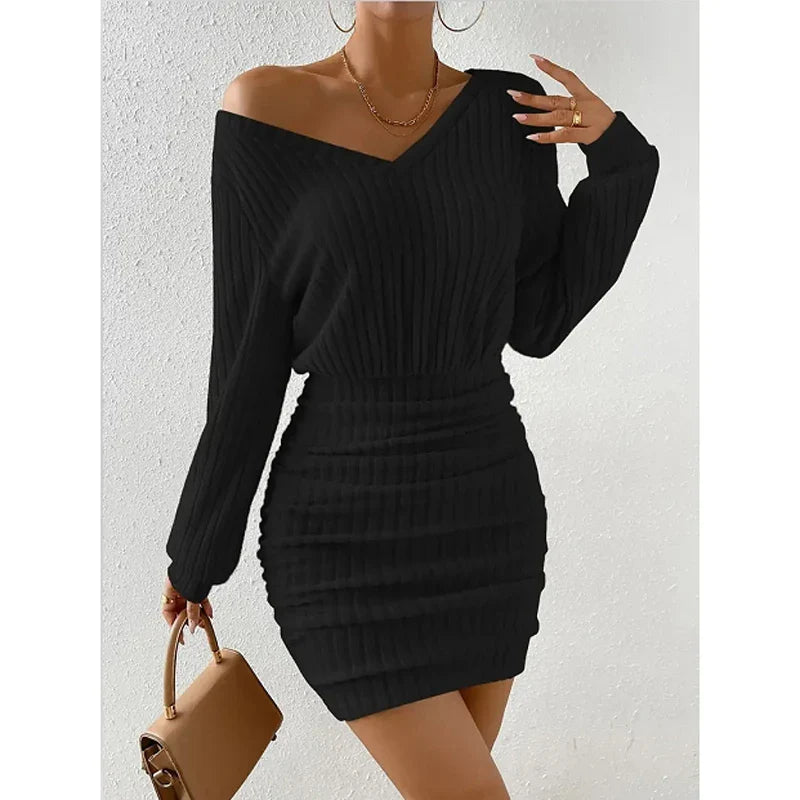 Tijdloze Knit Dress – Elegante Gebreide Jurk met Off-Shoulder Design