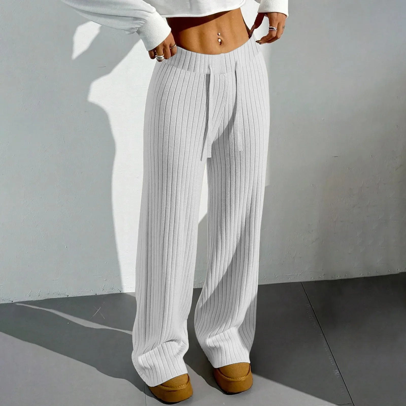 Ribbroek Dames – Comfortabele Wide Leg Lounge Pants met Elastische Taille