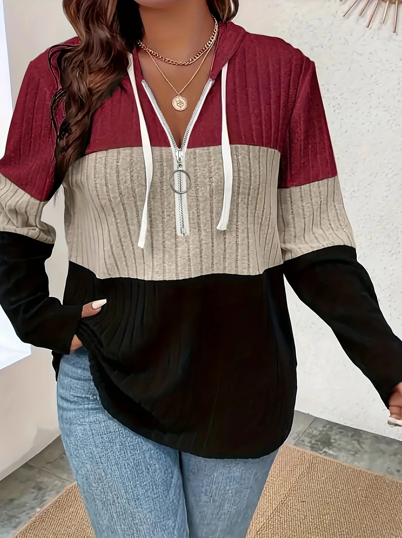 Plus Size Dames Hooded Gebreide Rib Cardigan Sweatshirt – Comfortabel & Trendy Vest met Capuchon