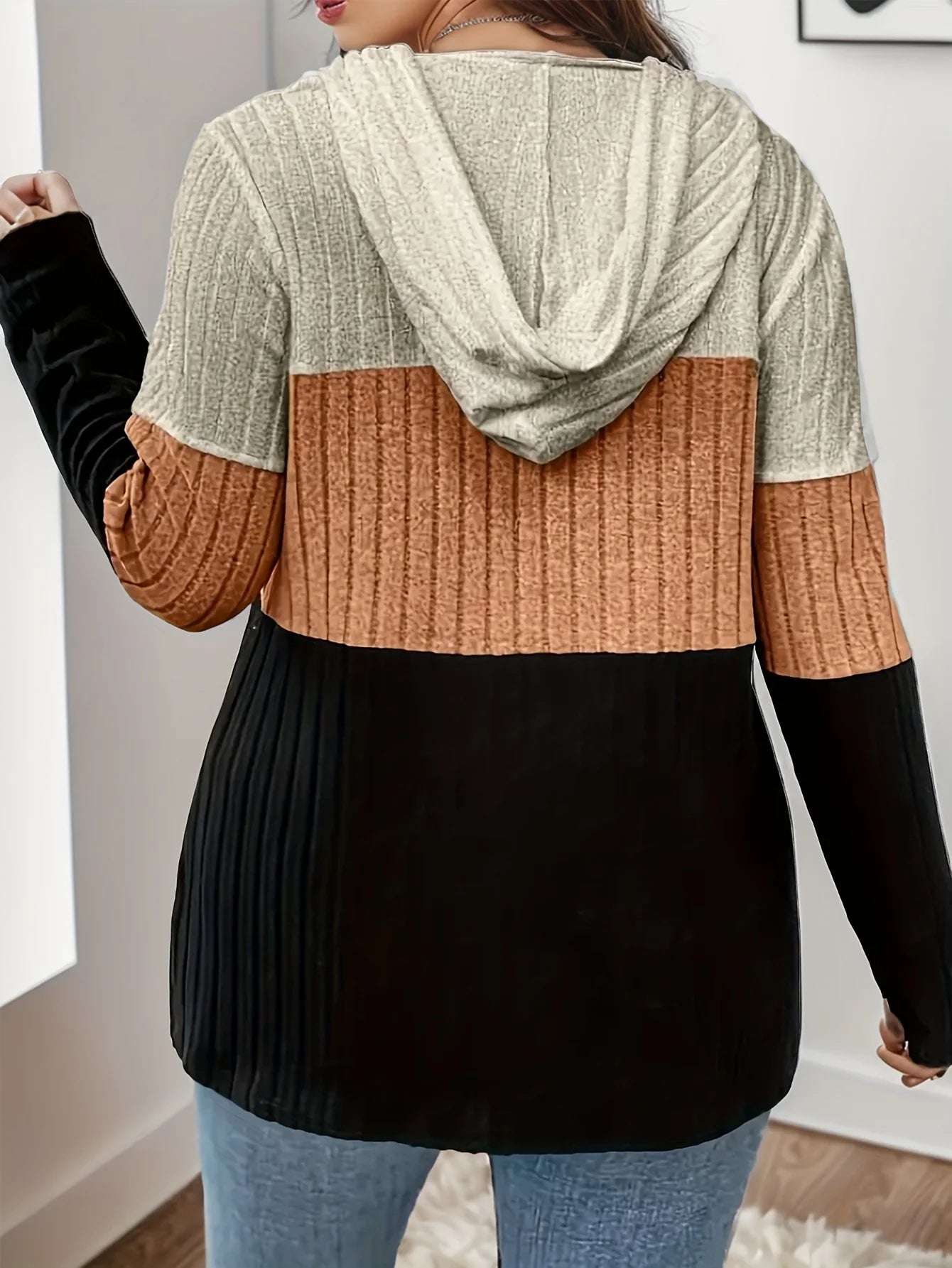 Plus Size Dames Hooded Gebreide Rib Cardigan Sweatshirt – Comfortabel & Trendy Vest met Capuchon