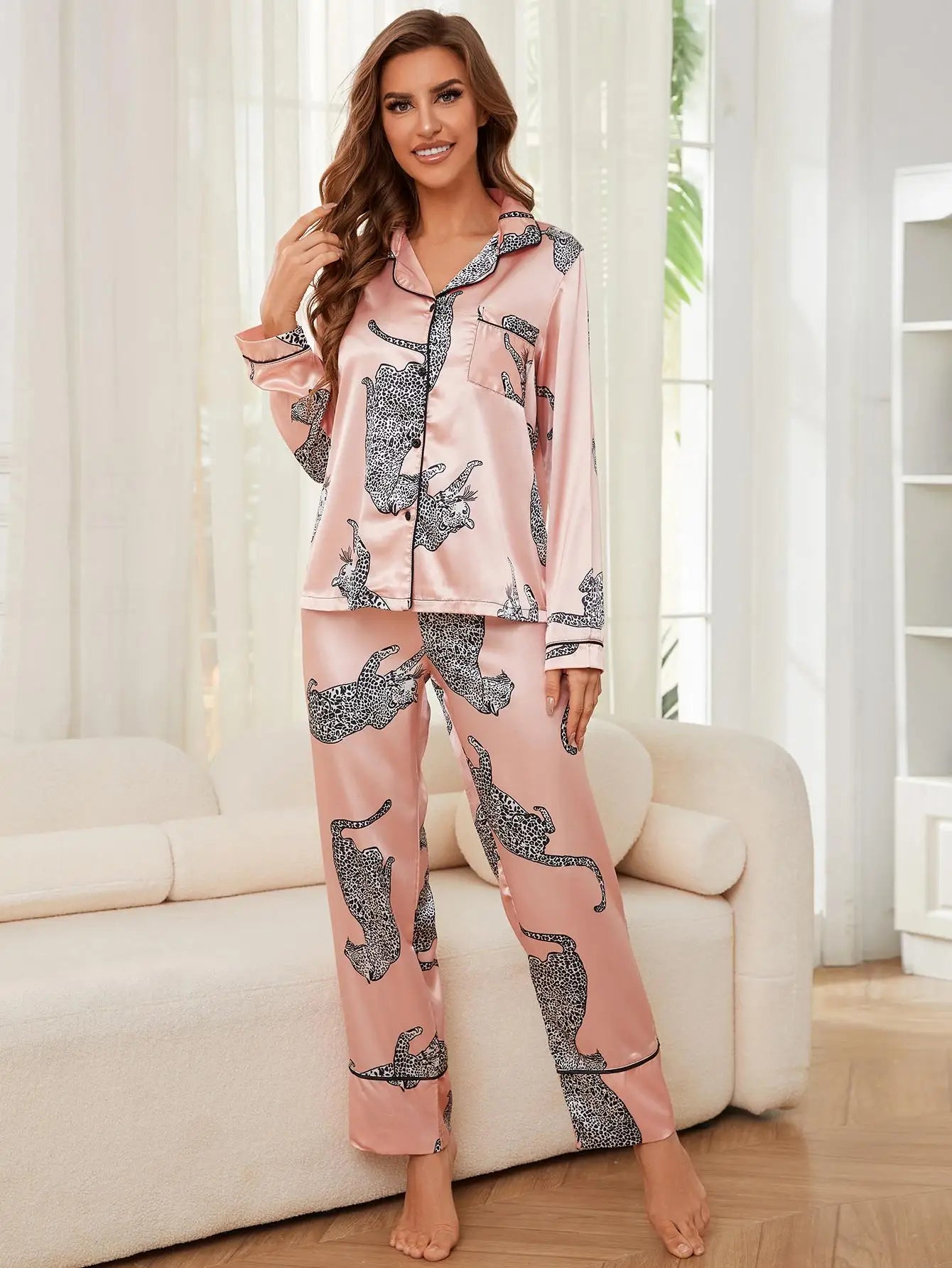 Leopard Print Silk Satin Pajama Sets
