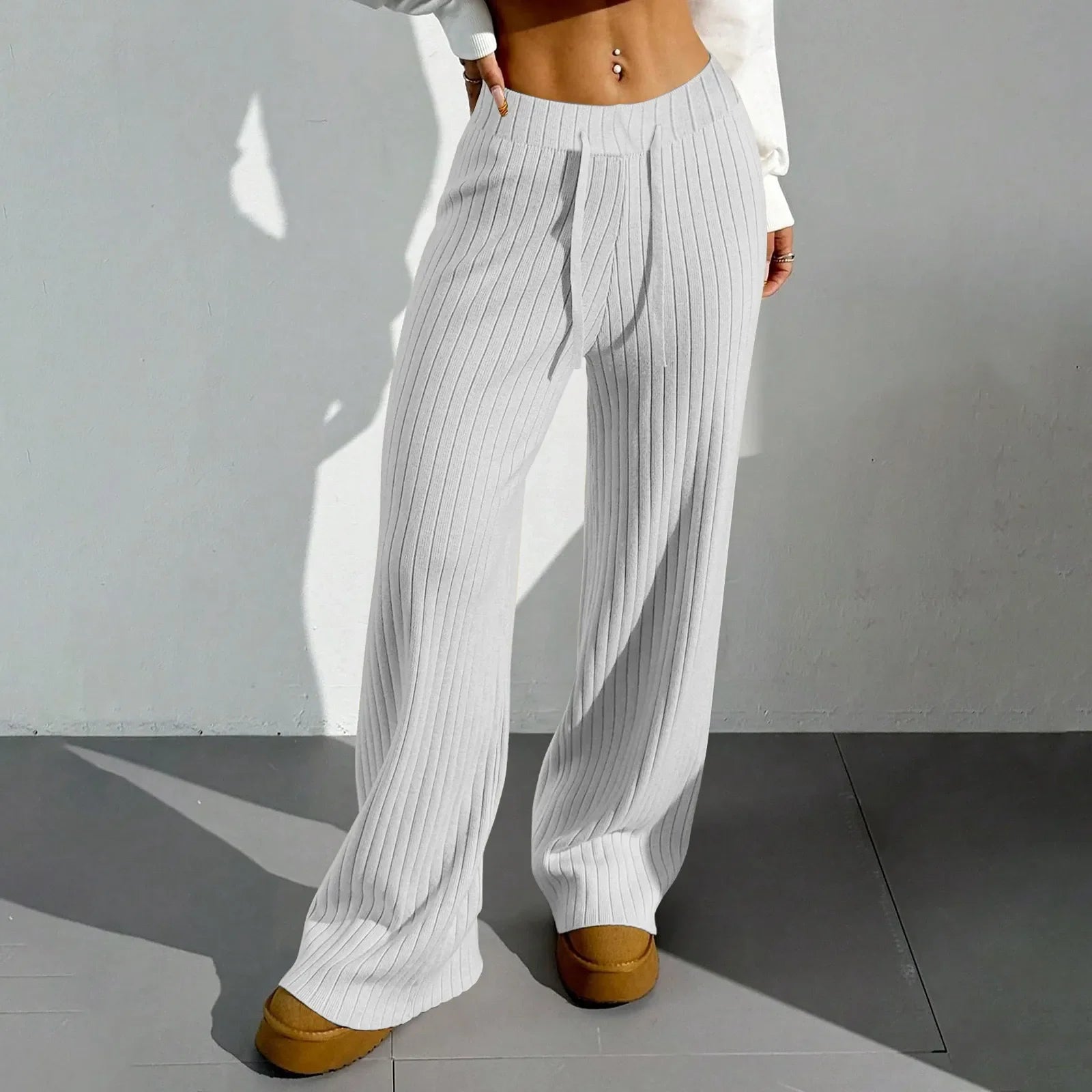 Ribbroek Dames – Comfortabele Wide Leg Lounge Pants met Elastische Taille