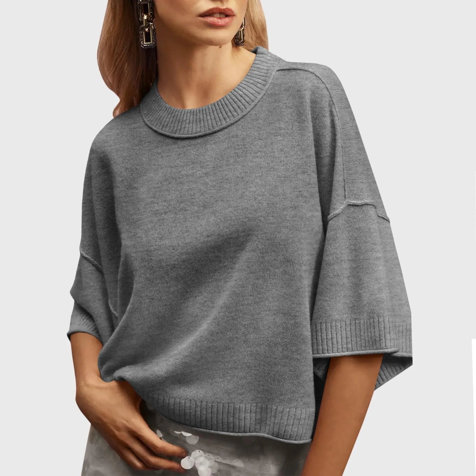 Dames Casual Oversized Korte Mouw Gebreide Top – Losse Pasvorm Ronde Hals Trui Blouse
