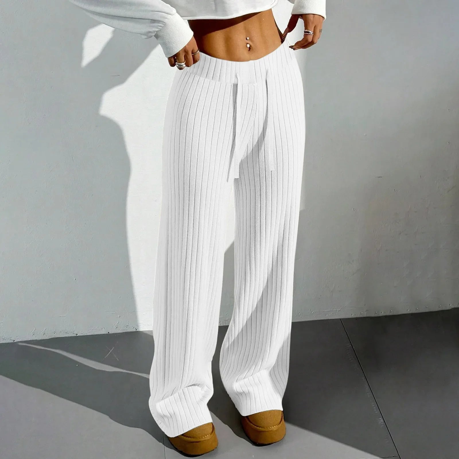 Ribbroek Dames – Comfortabele Wide Leg Lounge Pants met Elastische Taille