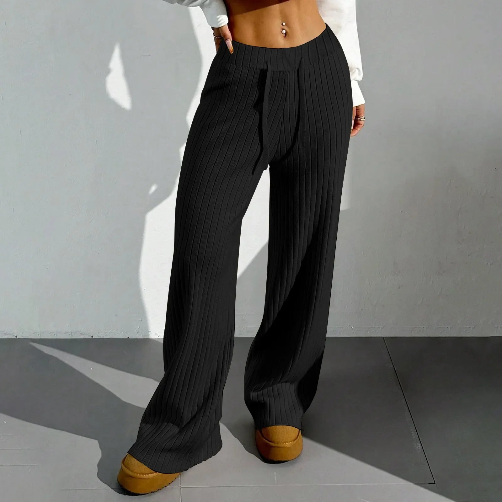 Ribbroek Dames – Comfortabele Wide Leg Lounge Pants met Elastische Taille