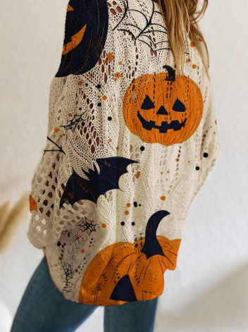Haunted Knit Sweater – Knusse Halloween Trui met Pompoen, Vleermuis & Spinnenweb Design