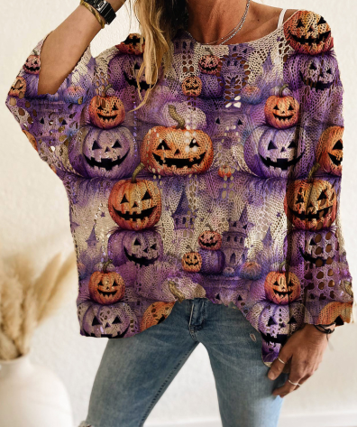 Haunted Knit Sweater – Knusse Halloween Trui met Pompoen, Vleermuis & Spinnenweb Design