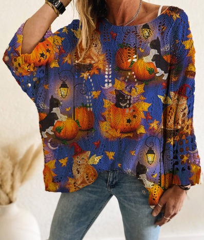 Haunted Knit Sweater – Knusse Halloween Trui met Pompoen, Vleermuis & Spinnenweb Design