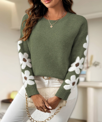 Gebreide Trui met Bloemendessin op de Mouwen – Zachte Lange Mouwen Pullover voor Casual & Elegante Looks